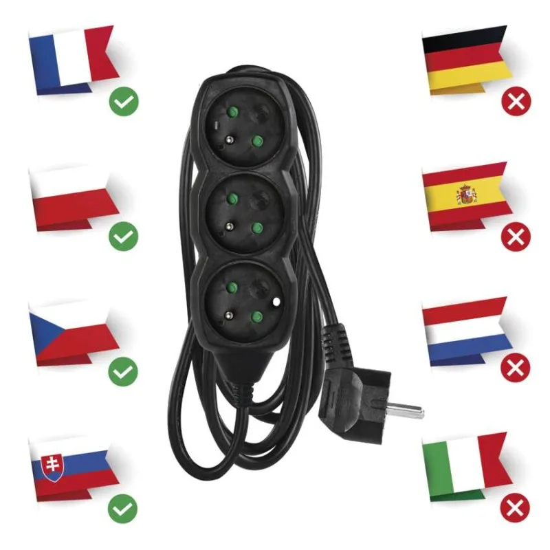 Predlžovací kábel 2 m / 3 zásuvky / čierny / PVC / 1 mm2 – Obrázok 5