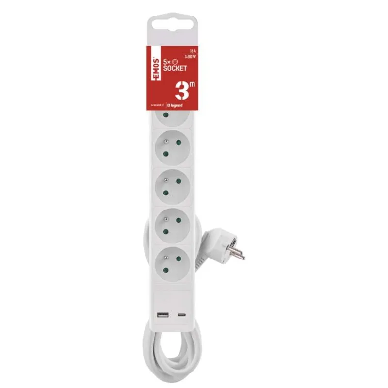Predlžovací kábel 3 m / 5 zásuvky / s vypínačom / biely / 1×USB-A + 1×USB-C / 1,5 mm2 – Obrázok 3